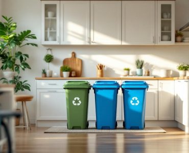 Cuisine familiale moderne et lumineuse avec plusieurs bacs de recyclage identifiés (plastique, papier, verre), comptoirs en bois chaleureux, armoires blanches et douce lumière naturelle filtrant dans la pièce.