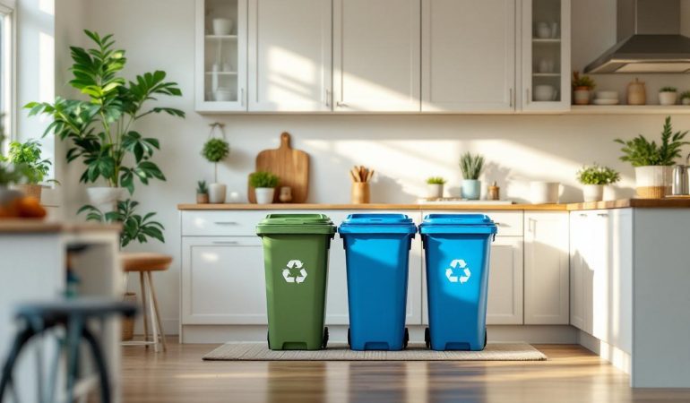Cuisine familiale moderne et lumineuse avec plusieurs bacs de recyclage identifiés (plastique, papier, verre), comptoirs en bois chaleureux, armoires blanches et douce lumière naturelle filtrant dans la pièce.