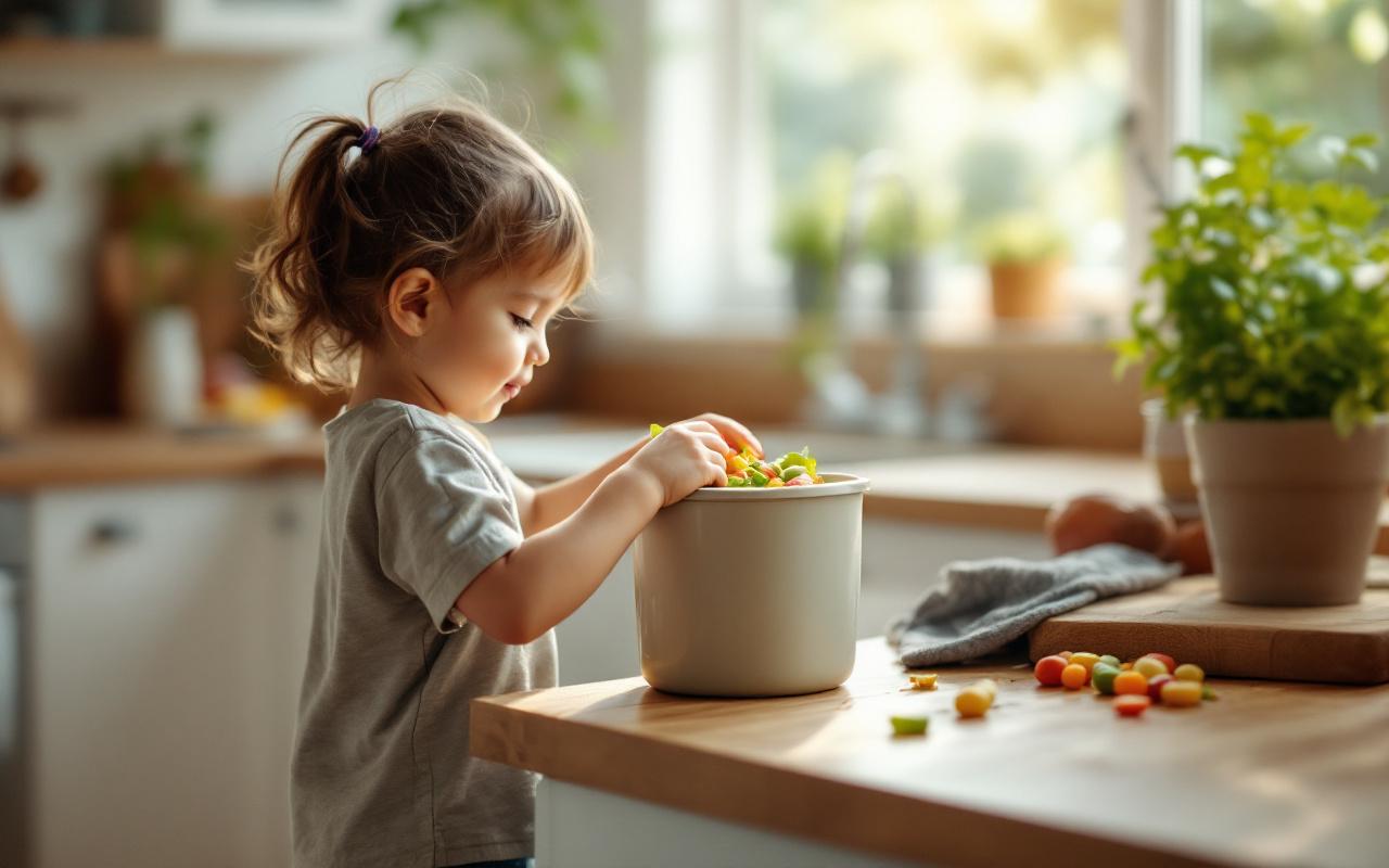 Enfant déposant des restes alimentaires dans un petit bac à compost posé sur le plan de travail de la cuisine, moment naturel éclairé par une lumière matinale douce, textures réalistes et plantes en arrière-plan.