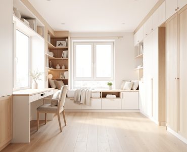 Chambre partagée élégante et lumineuse avec mobilier gain de place, ambiance douce et rangements intégrés le long des murs.