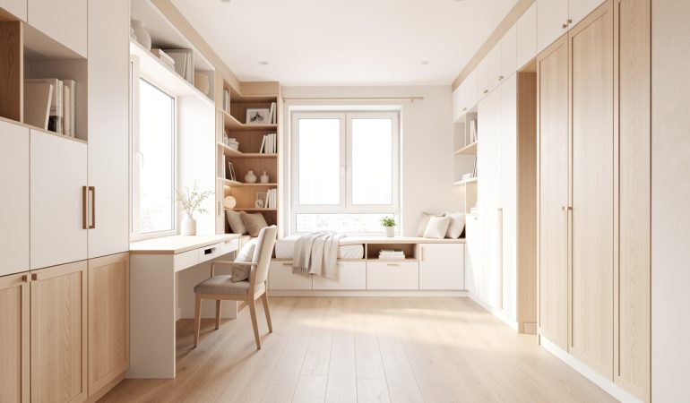 Chambre partagée élégante et lumineuse avec mobilier gain de place, ambiance douce et rangements intégrés le long des murs.