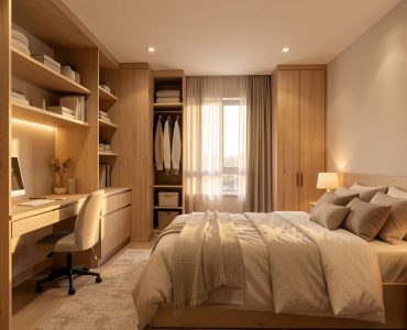 Chambre partagee moderne avec meubles gain de place, rangements integres et ambiance lumineuse chaleureuse, tons bois clairs et eclairage doux.