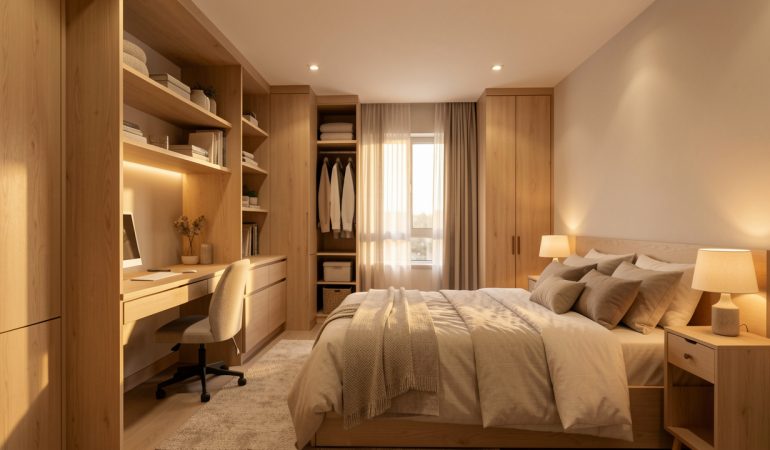 Chambre partagee moderne avec meubles gain de place, rangements integres et ambiance lumineuse chaleureuse, tons bois clairs et eclairage doux.