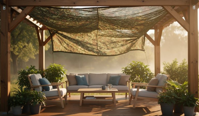 Pergola de terrasse avec filet de camouflage tendu, ombrage doux et mobilier extérieur dans une ambiance estivale lumineuse.