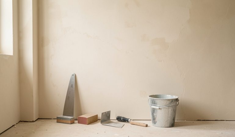 Mur intérieur en rénovation avec enduit frais, outils de rebouchage disposés au sol et lumière naturelle douce.