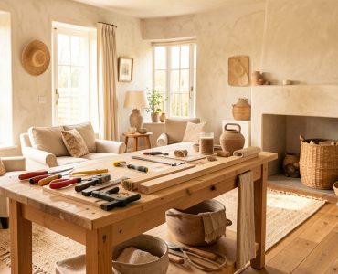 Pièce de vie lumineuse en cours de rénovation, avec matériaux naturels, outils soigneusement rangés et décoration chaleureuse et élégante.