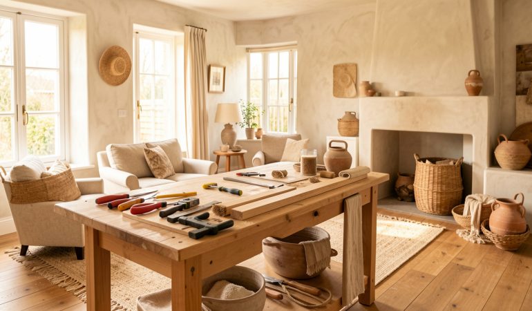 Pièce de vie lumineuse en cours de rénovation, avec matériaux naturels, outils soigneusement rangés et décoration chaleureuse et élégante.