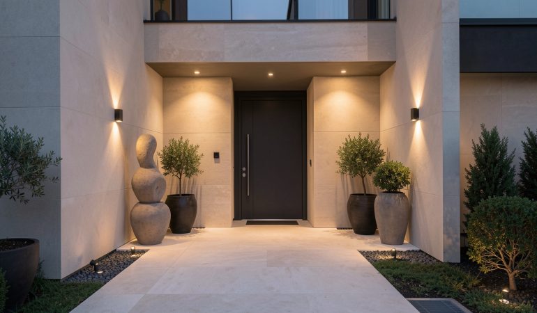 Entrée extérieure d’une maison contemporaine avec une façade élégante, un chemin minéral, des végétaux en pots et un éclairage mural chaleureux.