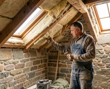 Maison bretonne en pierre en cours de rénovation énergétique, avec un artisan isolant les combles sous une lumière naturelle et chaleureuse.