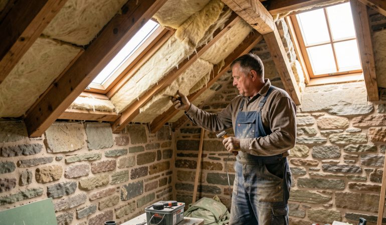 Maison bretonne en pierre en cours de rénovation énergétique, avec un artisan isolant les combles sous une lumière naturelle et chaleureuse.