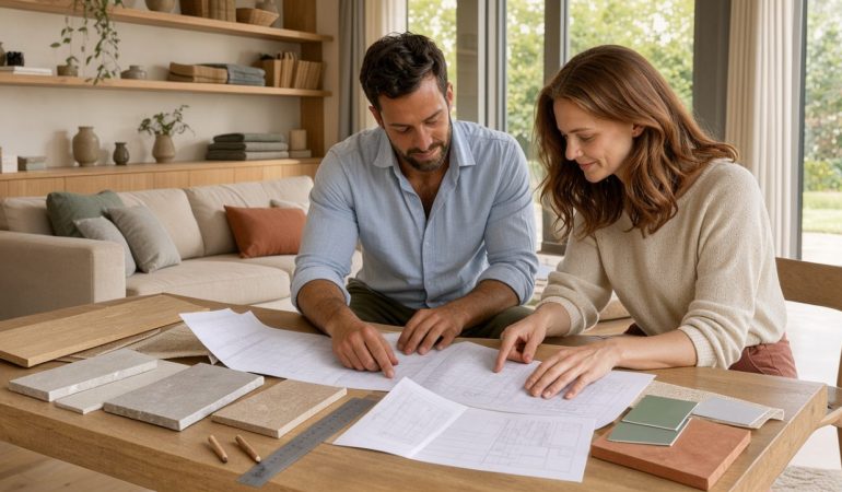 Un homme et une femme consultent des plans vierges et des échantillons de matériaux dans un salon lumineux au style vendéen contemporain.
