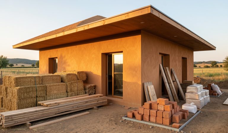 Maison contemporaine en terre crue aux murs ocre, avec une toiture largement débordante et des bottes de paille et matériaux naturels empilés sur un chantier rural.