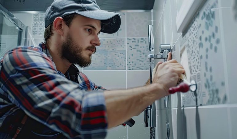 Panneau mural installé dans une salle de bain moderne, autour de la douche et du lavabo.